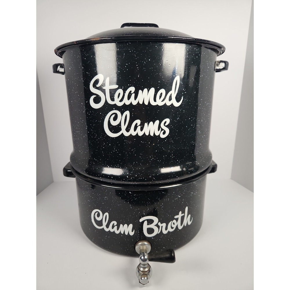 Vintage Granite Ware Black Speckled Enamel Clam Steamer Pot Set Spigot Lid 3 Pc